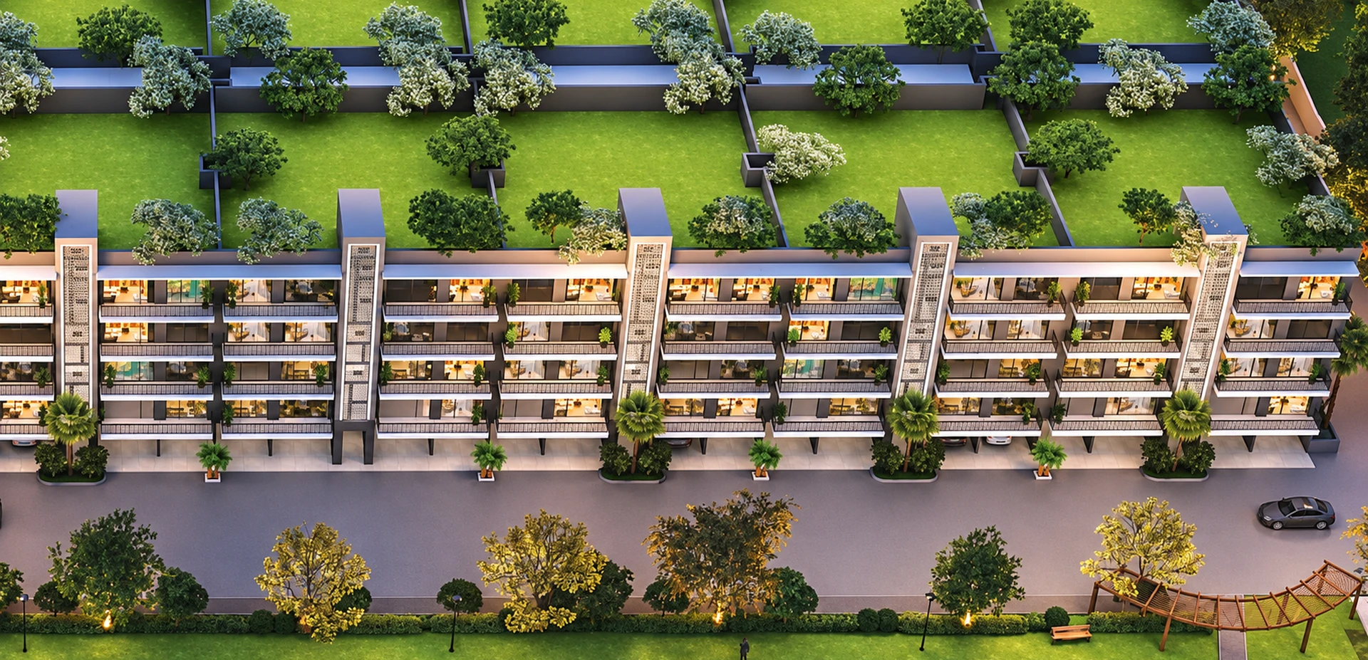 Central park and landscaped greens of the Noble Willasa layout