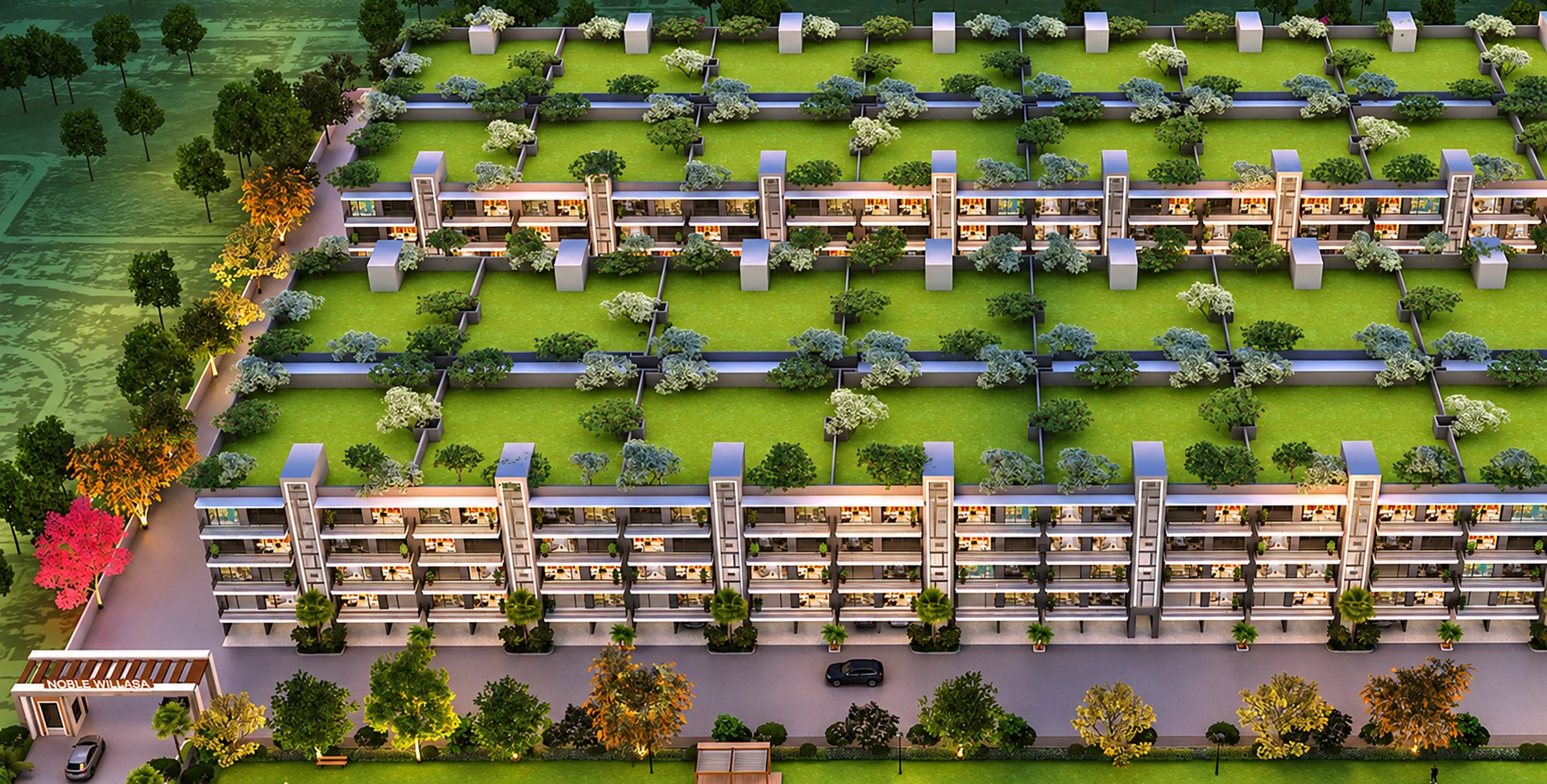 Aerial night view of the Noble Willasa community layout