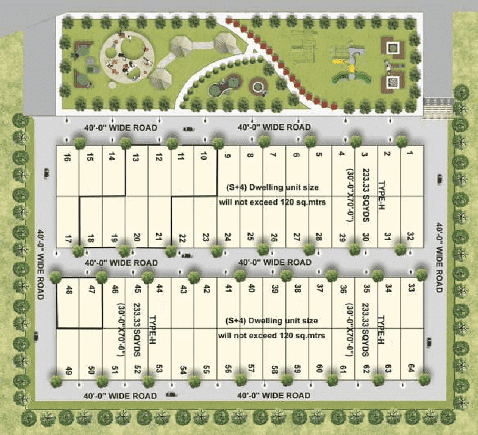 Noble Willasa site map plan showing 64 plots of 233.33 sq yd, 40 ft wide roads and park in Sector 99 Mohali