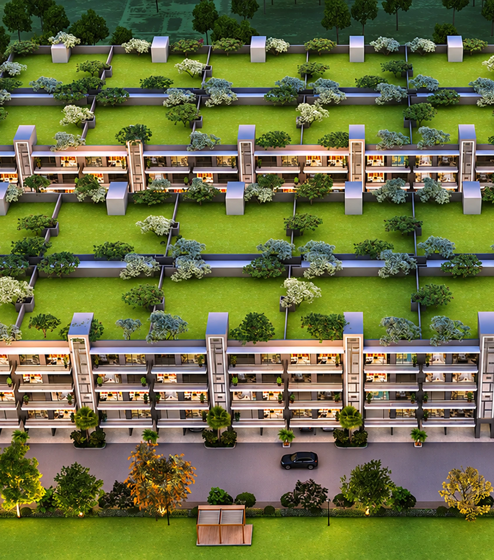 Aerial night view of the Noble Willasa block with central park
