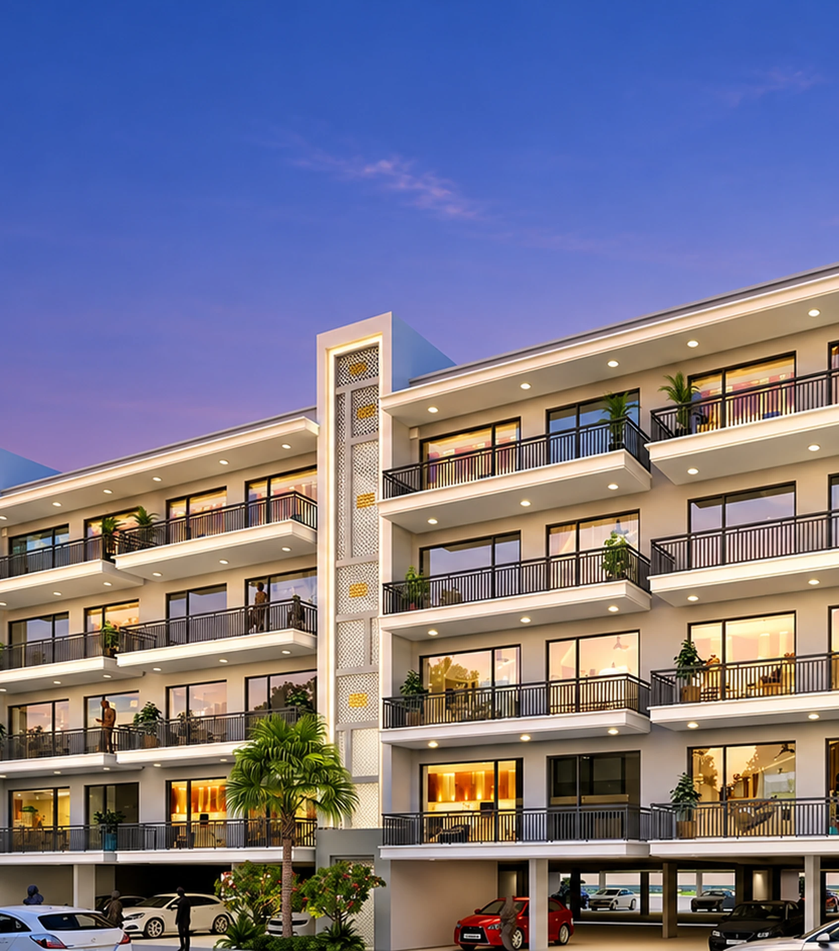 Evening elevation of Stilt + 4 floors at Noble Willasa