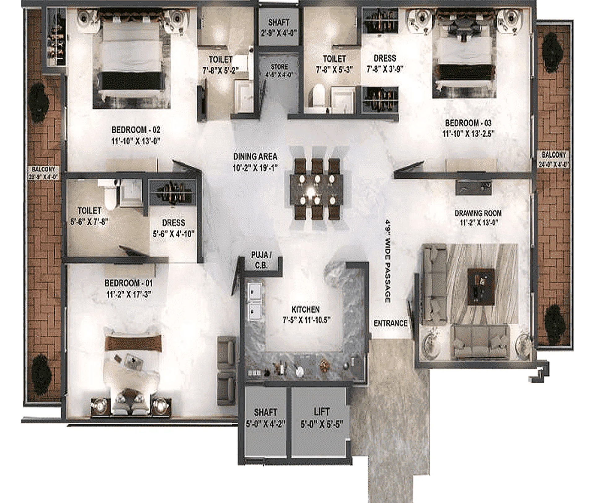 Noble Willasa 3 BHK floor plan with room dimensions