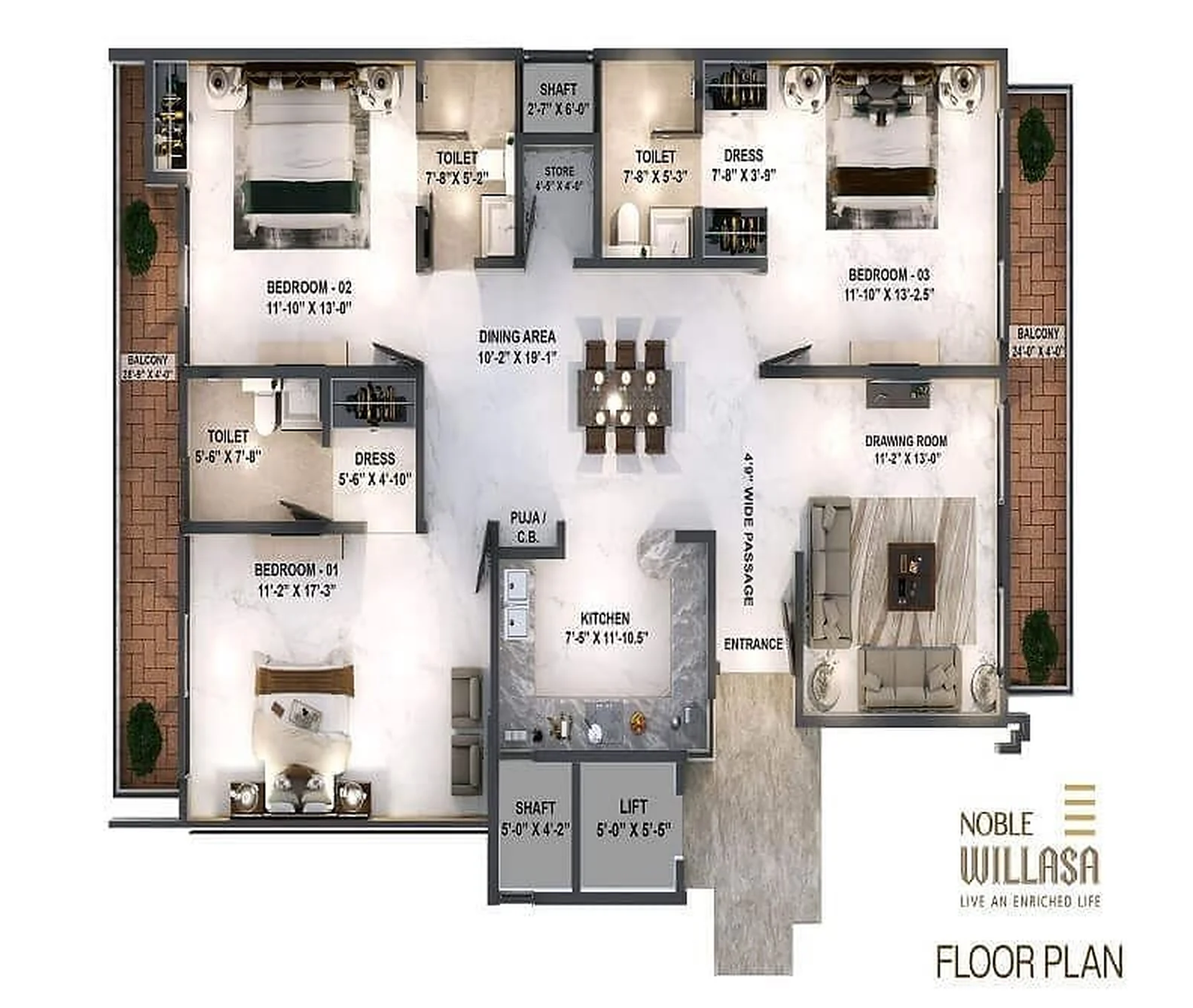 Noble Willasa 3 BHK floor plan with lift, drawing room and bedrooms