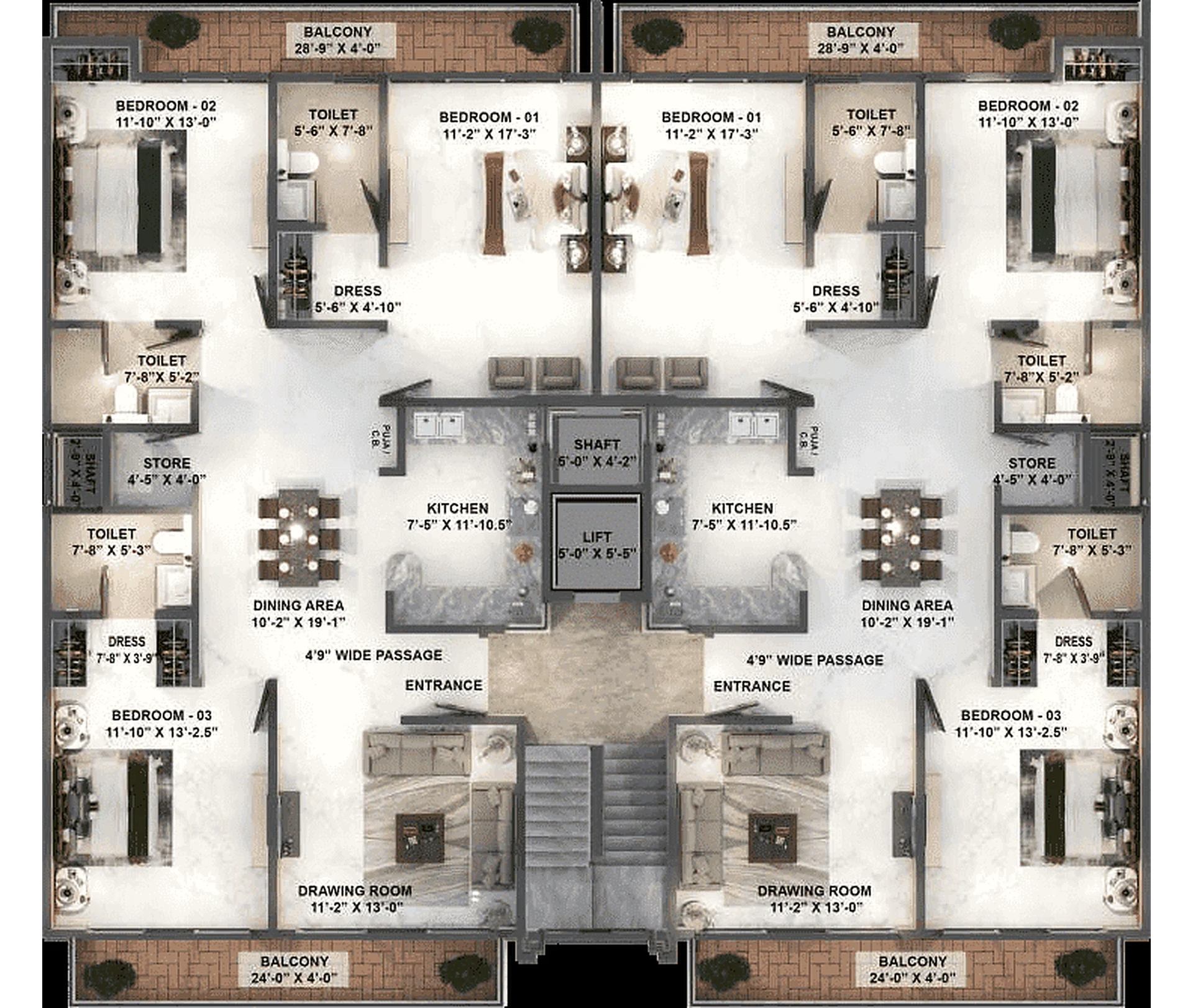 Mirror-image floor plan of two adjoining Noble Willasa plots